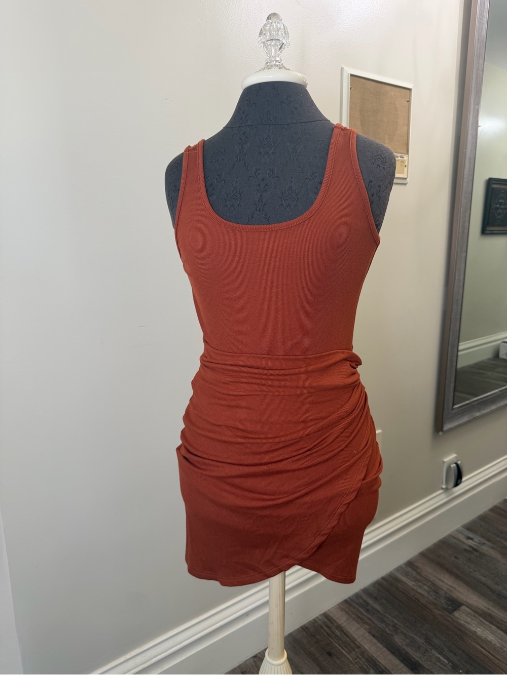 New Women’s Sleeveless Ruched Tank Fall Dress in Rust Orange